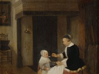 GG 311  GG 311, Quiringh van Brekelenkam (um 1620- um 1668), Frau, ein kleines Mädchen fütternd, Eichenholz, 36,2 x 32,4 cm : Kinder, Personen